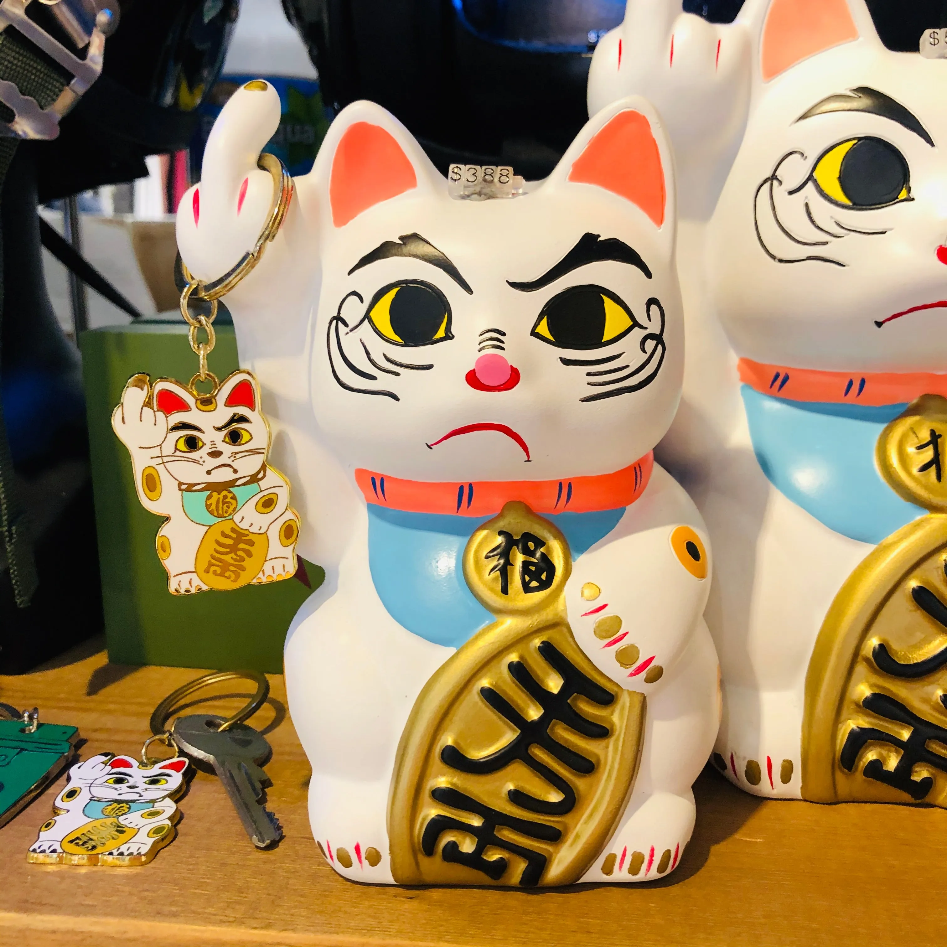 Angry Cat Keychain, White/Mint Green