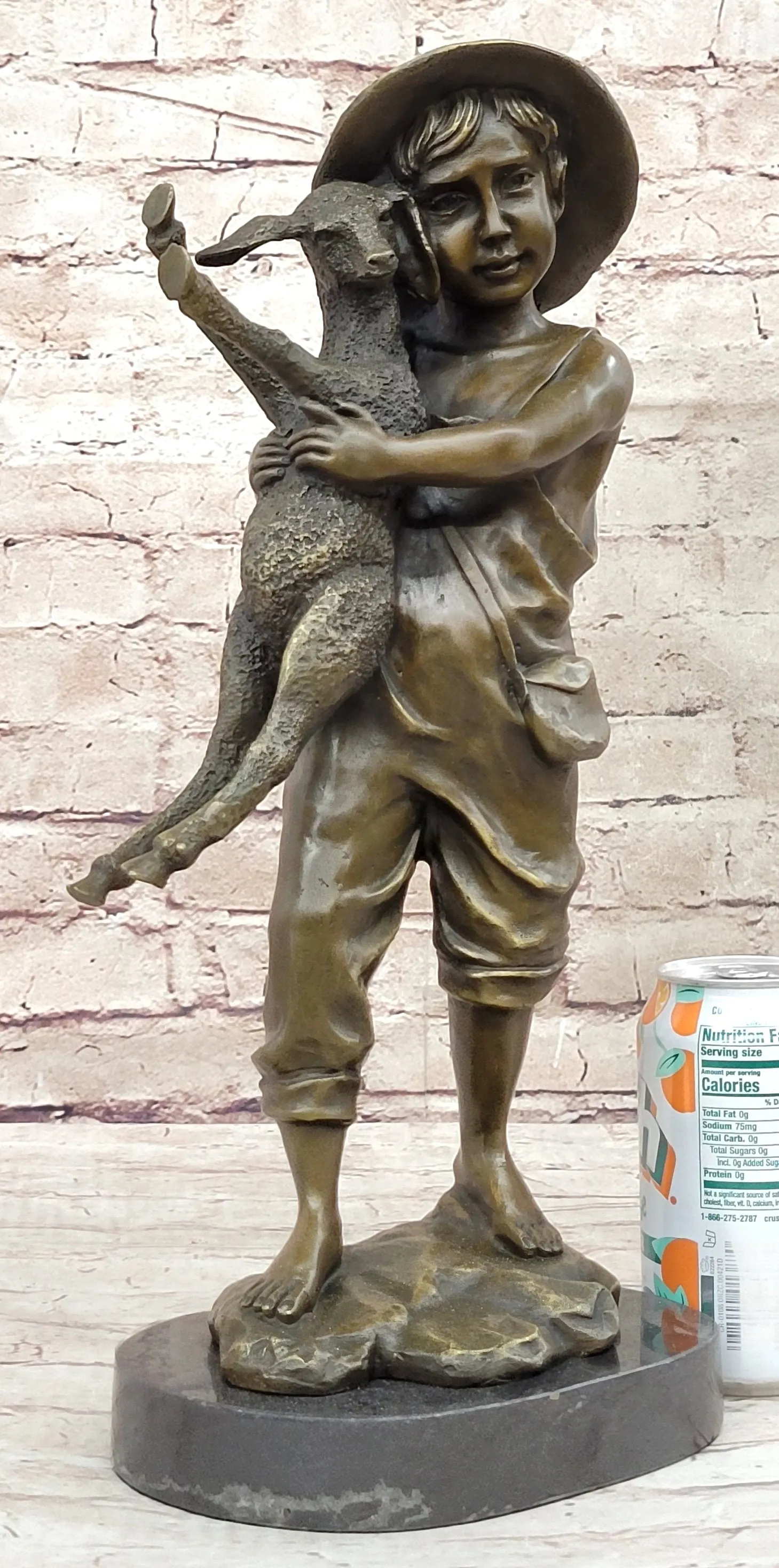 Real Bronze Metal Statue on Marble Base Young  Farm Boy & His Sheep Sculpture